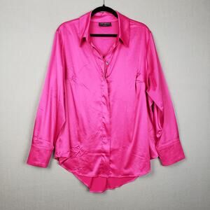 Lane Bryant Plus Size 20 Button Up Satin Blouse Hot Pink Office Siren Career